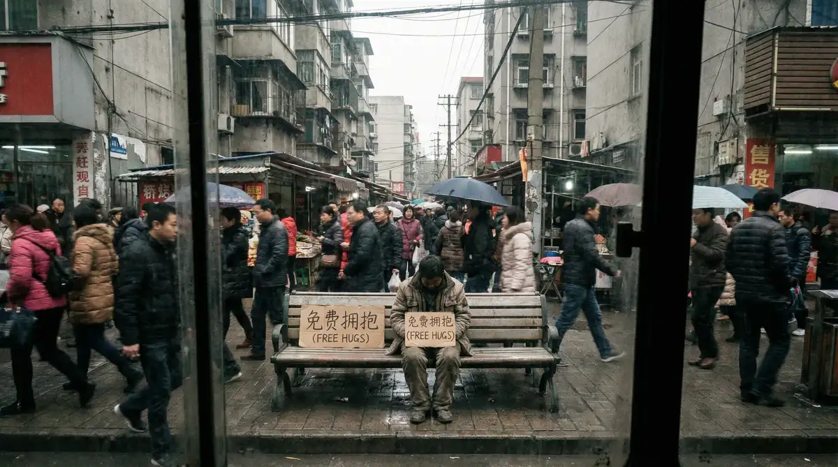 街头公共空间中人群互动的纪实画面